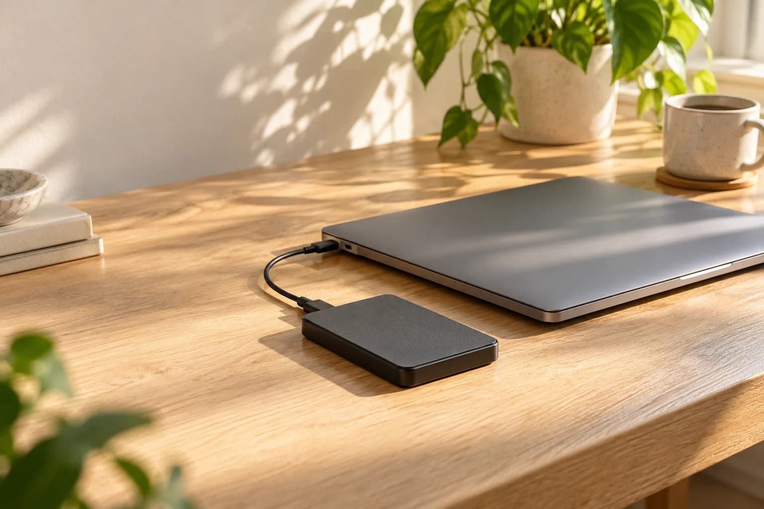 A laptop connected to an external drive on a sunlit wooden desk