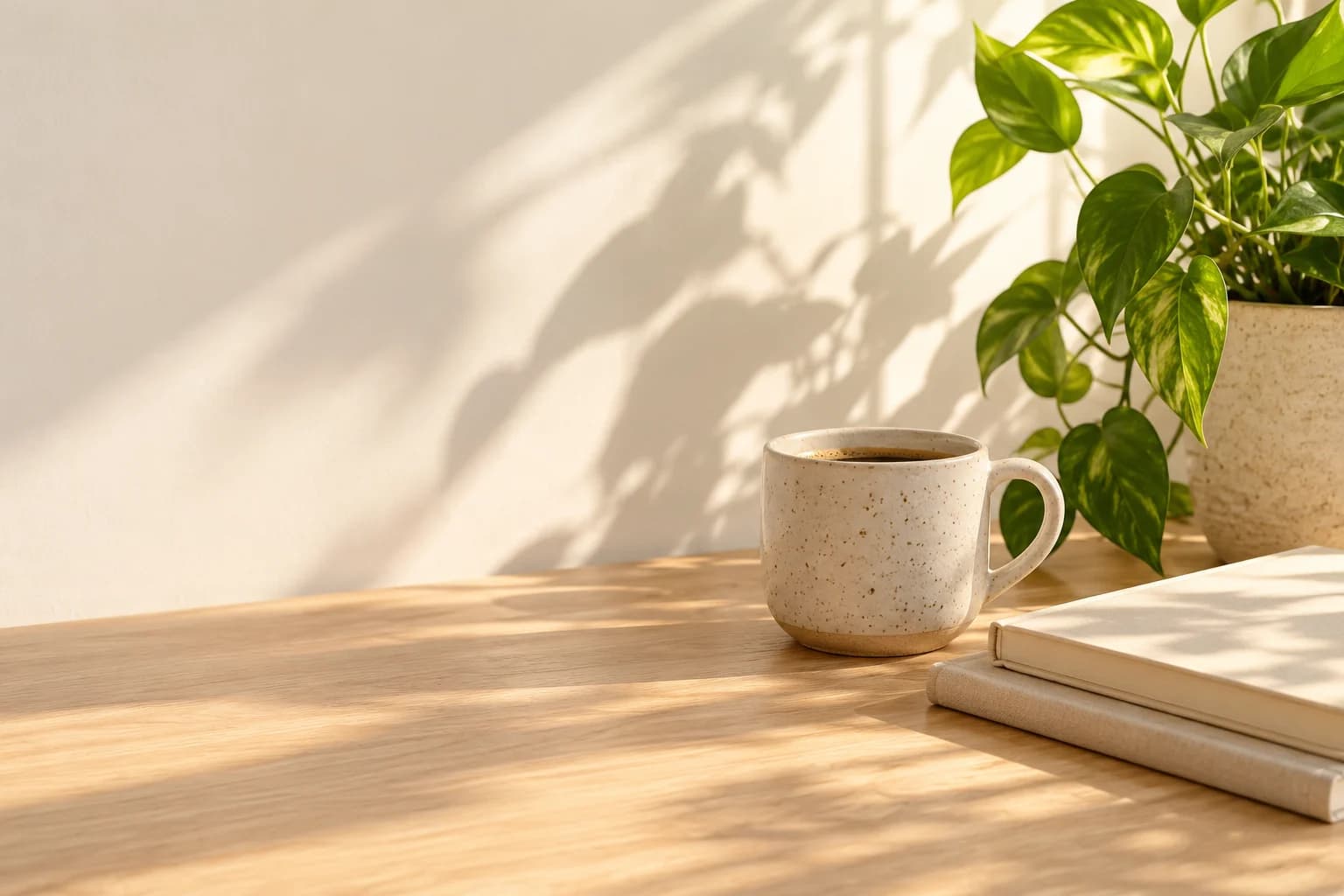 A cup, notebooks and a plant on a quiet sunlit desk